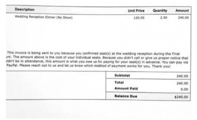 A cobran&ccedil;a enviada pelos noivos aos convidados ausentes – Foto: Reprodu&ccedil;&atilde;o