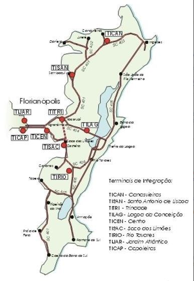 Mapa dos terminais de Florian&oacute;polis: dos nove, tr&ecirc;s est&atilde;o sem utilidade – Foto: Mobfloripa/divulga&ccedil;&atilde;o