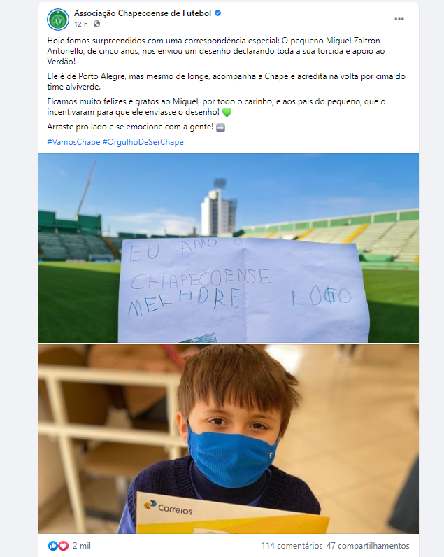 Na internet, a Chapecoense publicou uma foto do pequeno com a correspondência e outra do desenho – Foto: Reprodução/ND