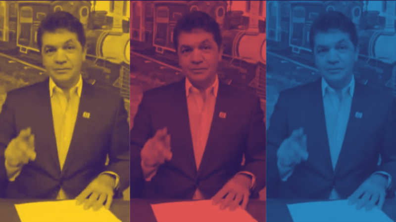 Arte com o conceito do clipe Et&eacute;rea sobre foto do prefeito Cl&eacute;sio Salvaro assinando demiss&atilde;o do professor em Crici&uacute;ma – Foto: Reprodu&ccedil;&atilde;o/ND