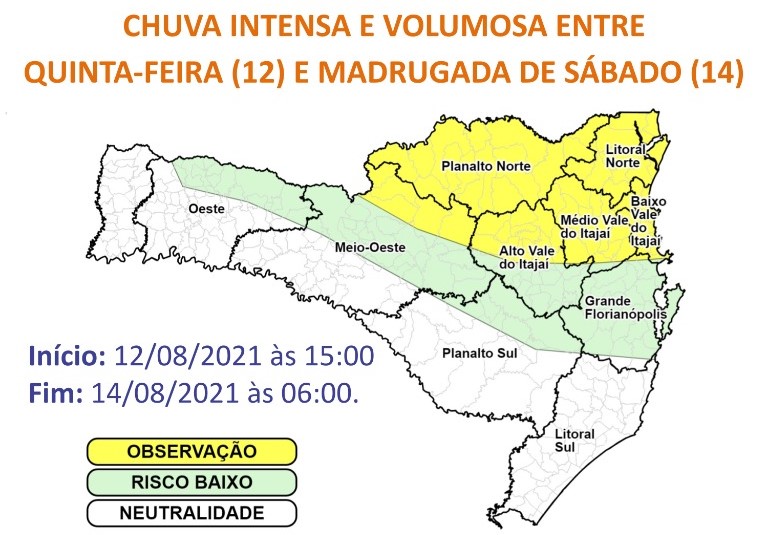 Áreas em amarelo estão em observação