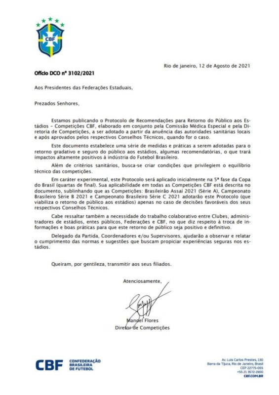 Documento encaminhada pela CBF as federa&ccedil;&otilde;es – Foto: Reprodu&ccedil;&atilde;o