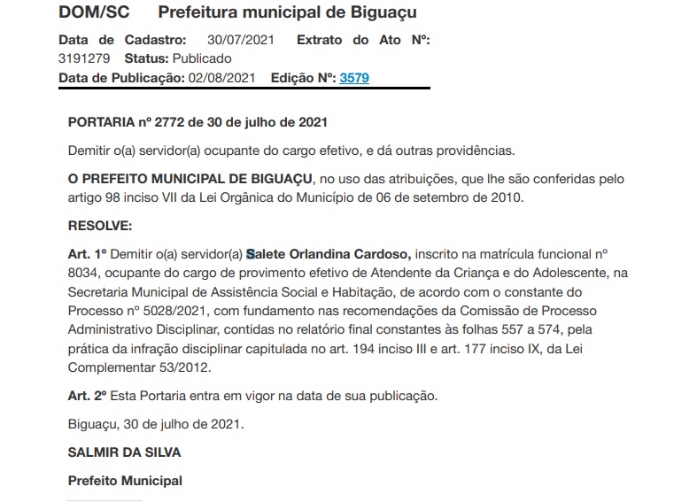Demiss&atilde;o foi publicada no Di&aacute;rio Oficial do Munic&iacute;pio nesta segunda-feira (2) – Foto: Reprodu&ccedil;&atilde;o