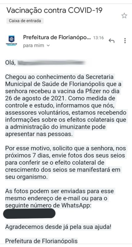 Falso e-mail sobre aumento de seios com vacina enviado pela Prefeitura de Florianópolis é fake news
