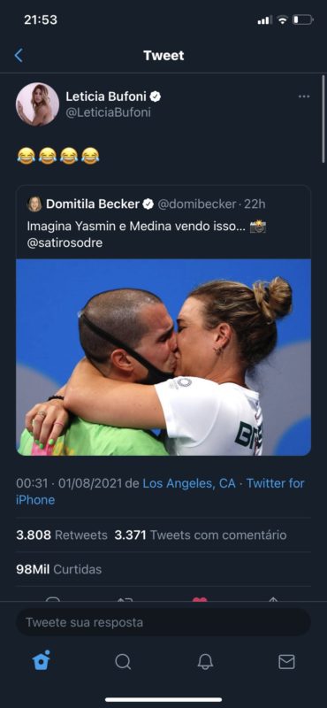 Skatista riu ao compartilhar twitter com piada entre Yasmin e Medina – Foto: Reprodução Twitter/Divulgação