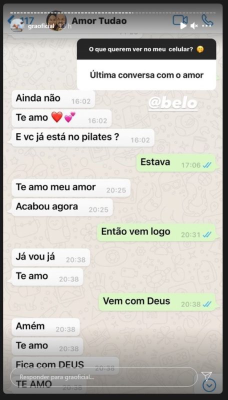 Gracyane Barbosa compartilhou um print de sua &uacute;ltima conversa com Belo – Foto: Internet/Divulga&ccedil;&atilde;o/ND