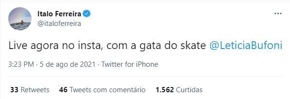 Ítalo Ferreira anuncia live com a skatista Letícia Bufoni – Foto: italo