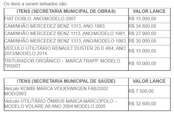 Bens somam R$ 157 mil conforme lance inicial – Foto: Prefeitura/Divulgação