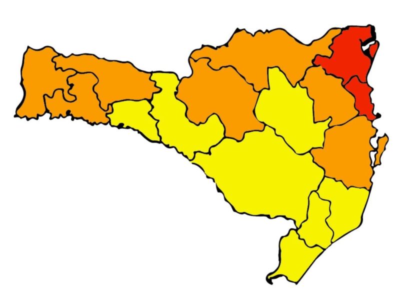Nova atualização do mapa de risco potencial para a Covid-19 em SC mostra apenas duas regiões em nível gravíssimo – Foto: Divulgação/SES SC