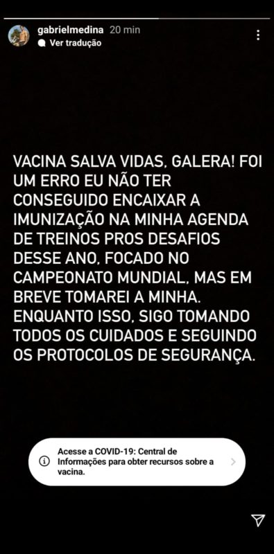Medina justificou porque não tomou a vacina contra a Covid-19 – Foto: Reprodução Instagram/ND