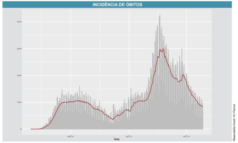 Imagem mostra gráfico com ondas de mortes por Covid-19