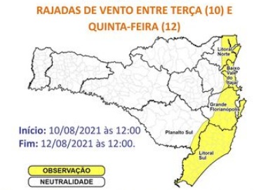 Áreas em amarelo do mapa o risco é moderado para ocorrências associadas aos ventos fortes – Foto: Defesa Civil de SC/Divulgação/ND