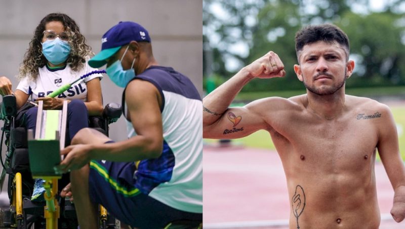 Evelyn Oliveira aparece sendo auxiliada pelo treinador e Petrúcio Ferreira do lado direto sem camisa onde é possível ver algumas tatuagens