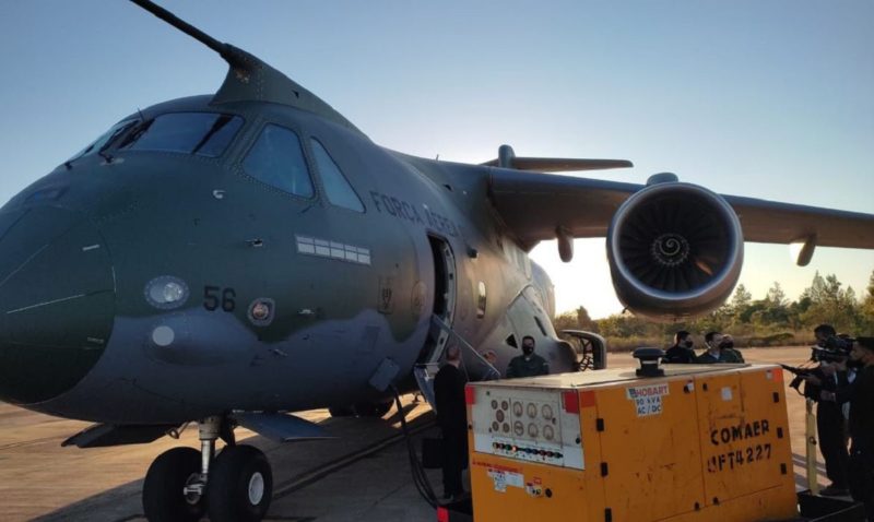 Aeronave KC-390 Millennium, da Força Aérea Brasileira (FAB), que integra a Missão Humanitária Multidisciplinar do Brasil – Foto: TV Brasil