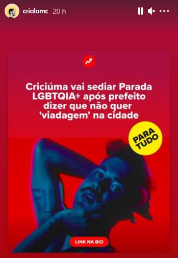 Criolo publicou storie  em apoio a parada LGBTQIA+ em Criciúma &#8211; Foto: Reprodução/Instagram