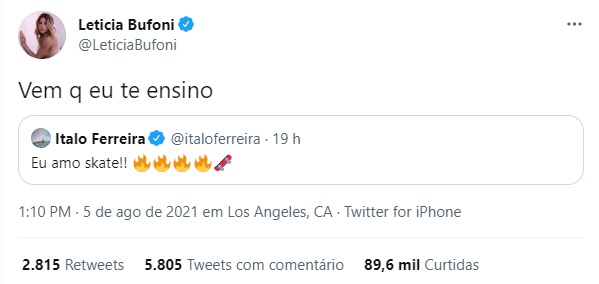 Letícia Bufoni responde a Ítalo Ferreira no Twitter – Foto: Reprodução/Twitter