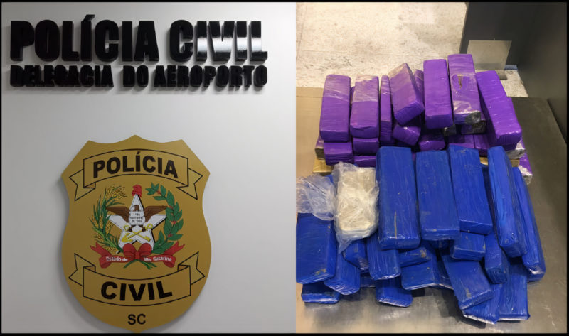 Duas mulheres foram presas portando 42 quilos de substâncias semelhantes à maconha no Aeroporto de Florianópolis – Foto: Divulgação/ Polícia Civil/ ND