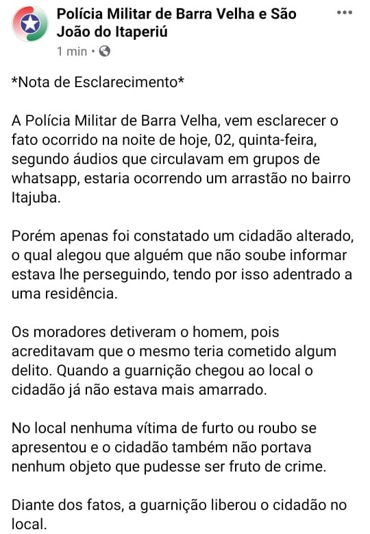 PM desmentiu arrast&atilde;o em Barra Velha – Foto: Internet