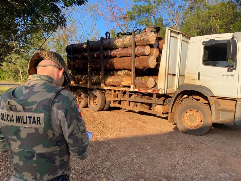 Pol&iacute;cia apreendeu as toras e o caminh&atilde;o – Foto: PMA/ND