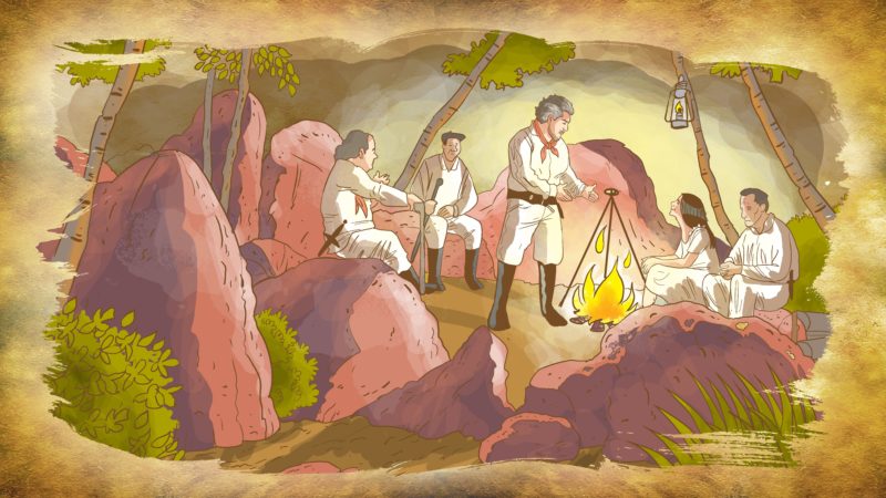 As conversas da jovem Aninha, com o tio Ant&ocirc;nio, quando ela tinha cerca de 14 anos, em volta da fogueira, onde o tema sempre abordava quest&otilde;es ligadas &agrave; liberdade – Foto: Ilustra&ccedil;&atilde;o/Ricardo Manhaes/ND