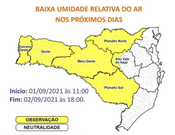 Mapa mostra regi&otilde;es que devem ser afetadas pela condi&ccedil;&atilde;o de ar seco – Foto: Defesa Civil de SC/Divulga&ccedil;&atilde;o/ND