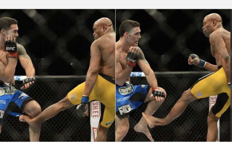 Anderson Silva lutava pelo cinturão dos médios contra Chris Weidman, quando sofreu fratura após um chute – Foto: Reprodução