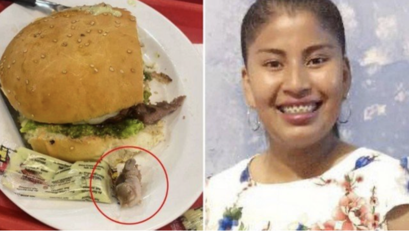 A imagem mostra o hambúrguer com “carne de dedo maturado” mordido pelos dentes de Estefany – Foto: Reprodução