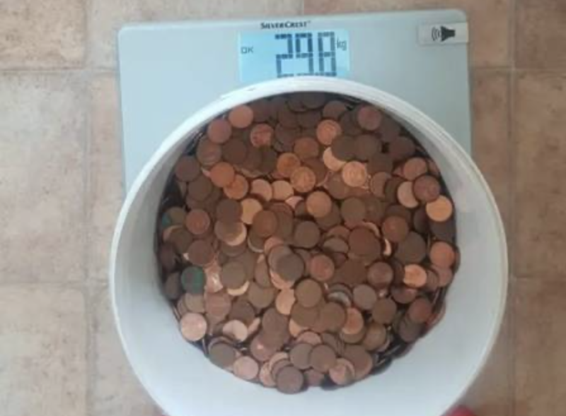 Peso das moedas no balde de maionese chegou a quase 30 quilos – Foto: Reprodução