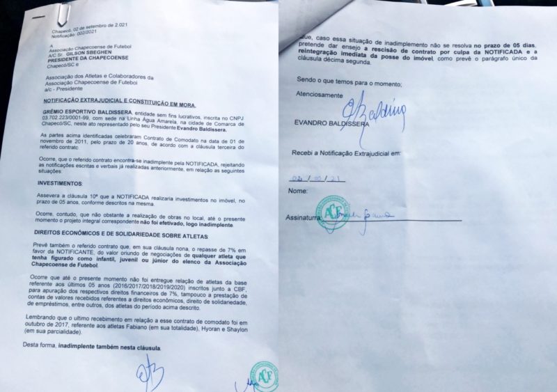 Notifica&ccedil;&atilde;o extrajudicial enviada para a Chapecoense &mdash; Foto: Reprodu&ccedil;&atilde;o/ND