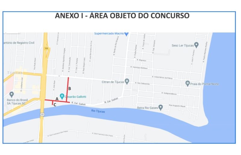 Trechos de ruas que serão reconfigurados no entorno do Casarão Gallotti &#8211; Foto: Prefeitura de Tijucas/Divulgação/ND