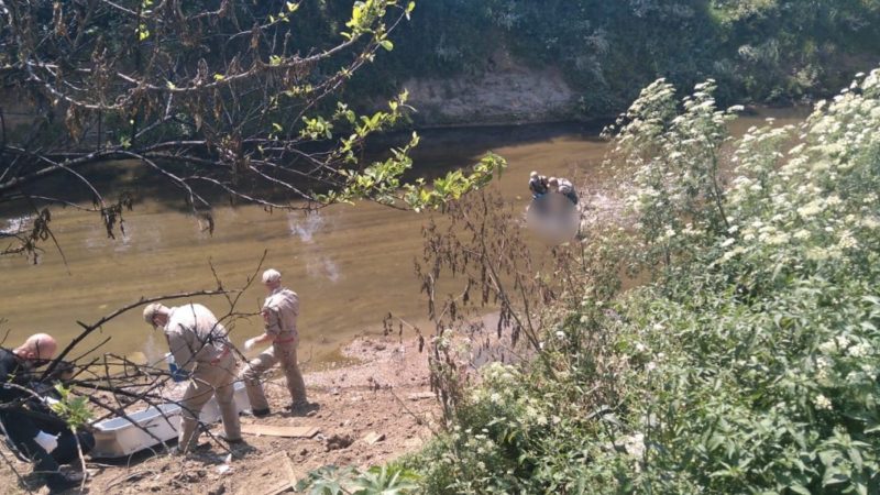 Um homem foi encontrado morto em um rio em Curitiba, no Paraná, nesta segunda-feira (27). O cadáver estava sem roupas, com uma corda enrolada no pescoço e com um cobertor envolvendo o corpo. – Foto: Fotos: Tiago Silva/ RIC Record TV Curitiba/ND