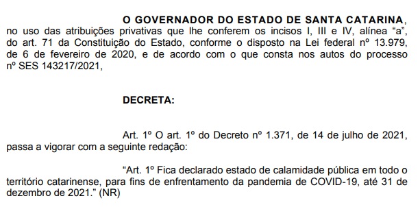 Decreto prorrogou estado de calamidade p&uacute;blica em SC – Foto: Reprodu&ccedil;&atilde;o/DOE/ND
