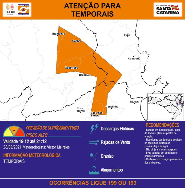 Defesa Civil alerta também para riscos de granizo e alagamentos na região – Foto: Defesa Civil/Divulgação/ND