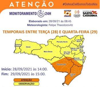 Chuvas devem come&ccedil;ar nesta noite no Vale do Itaja&iacute; – Foto: Divulga&ccedil;&atilde;o/Defesa Civil