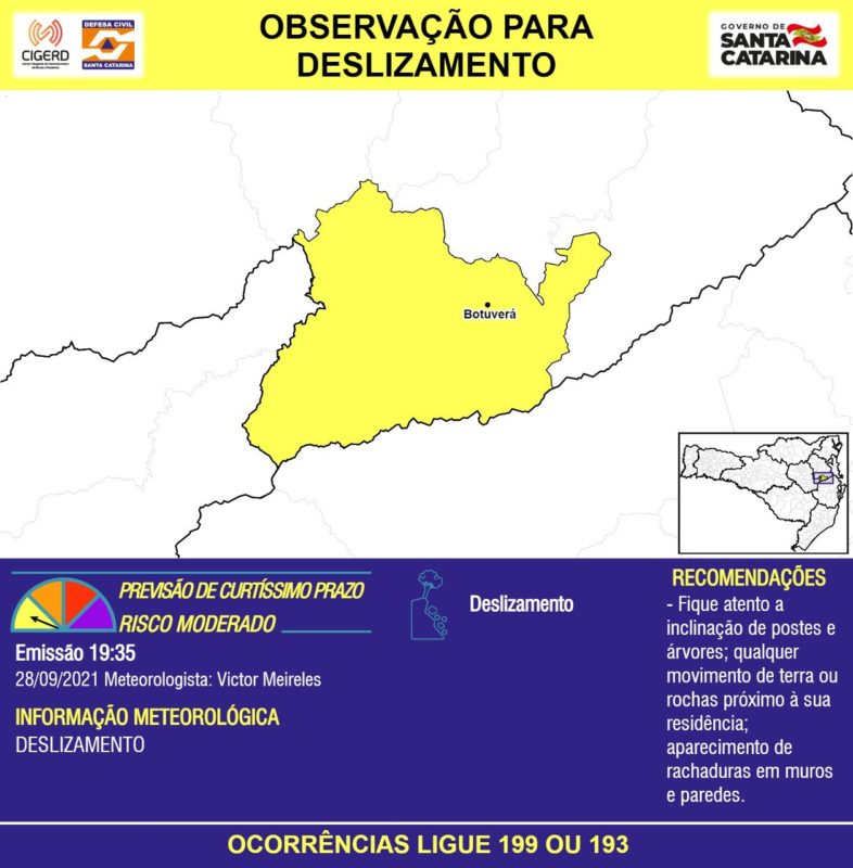 Defesa Civil alerta para deslizamento na região em amarelo do mapa, especialmente em Botuverá – Foto: Defesa Civil/Divulgação/ND