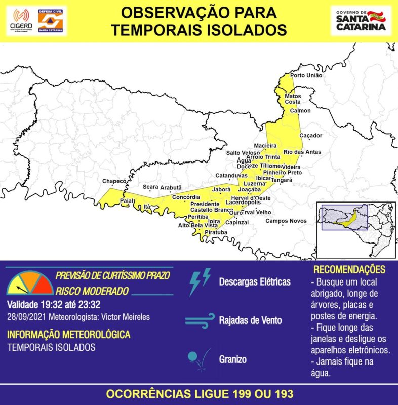 Municípios em amarelo no mapa devem ficar atentos para os temporais associados às descargas elétricas – Foto: Defesa Civil/Divulgação/ND