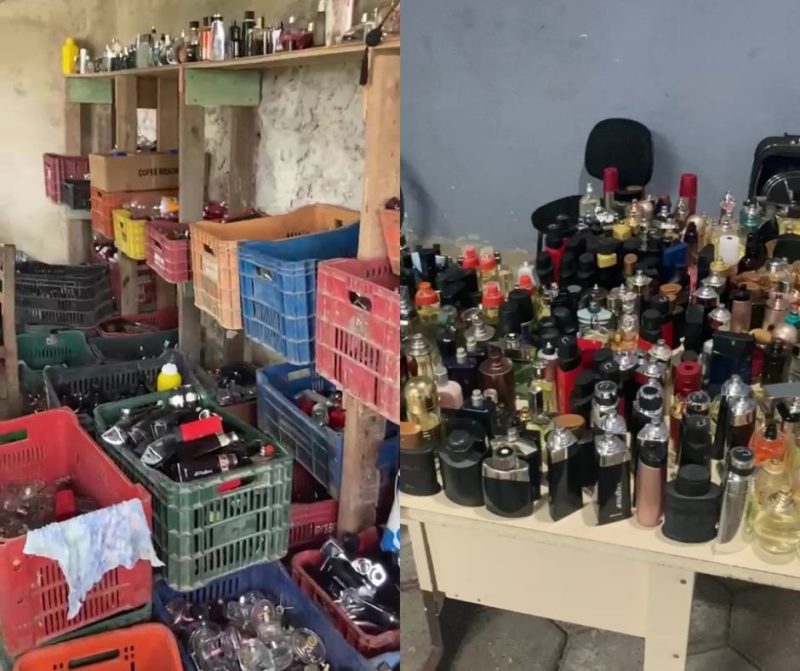 Diversos frascos de perfumes foram encontrados em f&aacute;brica clandestina – Foto: PMSC/Divulga&ccedil;&atilde;o