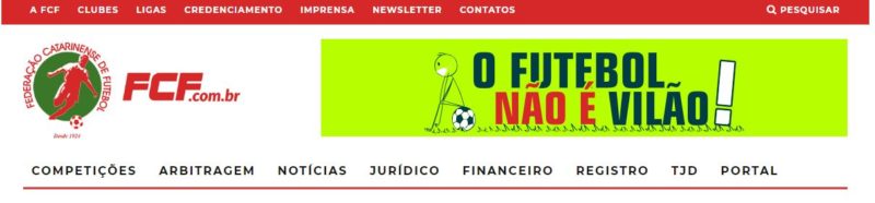 Topo do site da FCF (Federação Catarinense de Futebol) estampa a campanha que a entidade tem levantado &#8211; Foto: FCF/divulgação