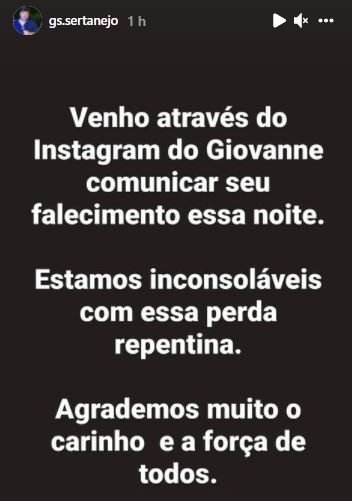 Familiares do cantor publicaram uma nota na conta do Instagram do artista: “Estamos inconsoláveis” – Foto: Reprodução/Instagram
