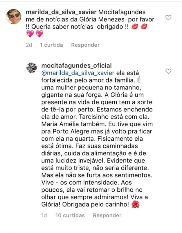 Mocita Fagundes deu detalhes sobre estado de sa&uacute;de de Gl&oacute;ria Menezes – Foto: Internet/Divulga&ccedil;&atilde;o/ND