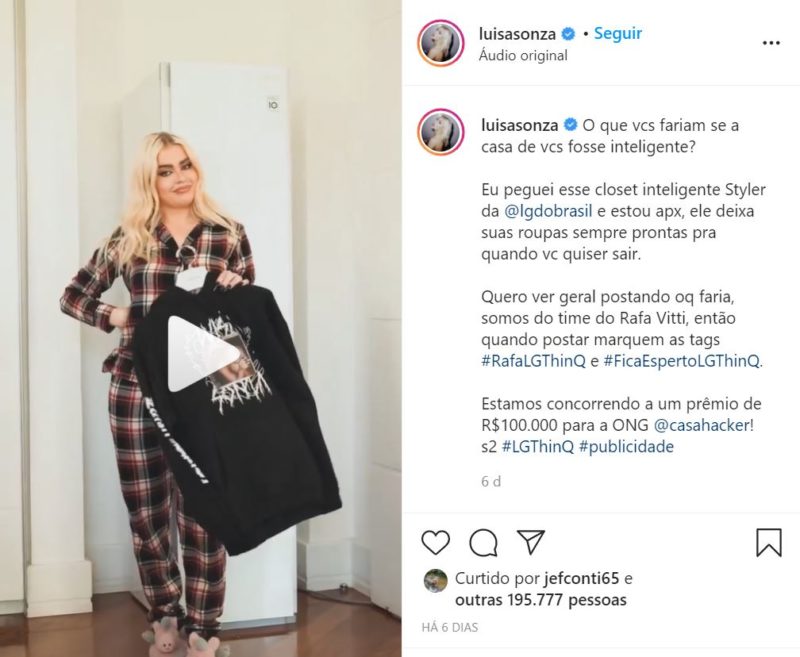 A cantora Luisa Sonza apostou no conforto de uma marca catarinense de pijamas para produzir conteúdo em seus perfis oficias na internet – Foto: Reprodução/Internet