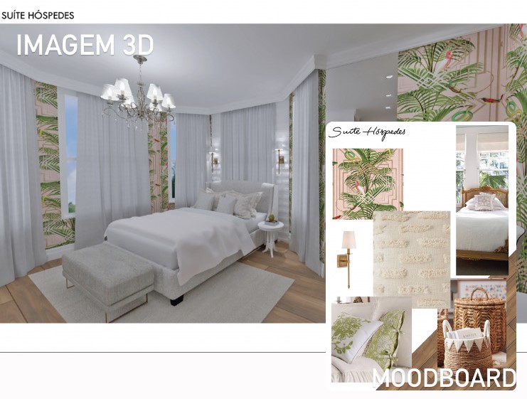 Modelo de projeto de suíte de hóspedes em moodboards e 3D. A criação do desenho dá ao cliente um retrato de como será o resultado da obra – Foto: Ilustração Cláudia Couto