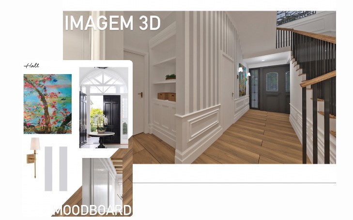 Modelo de projeto de Hall em moodboards e 3D. Foto: Ilustração Cláudia Couto – Foto: Ilustração Cláudia Couto