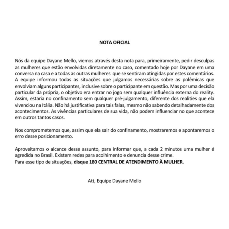 Nota oficial da equipe de Dayane Mello – Foto: Internet