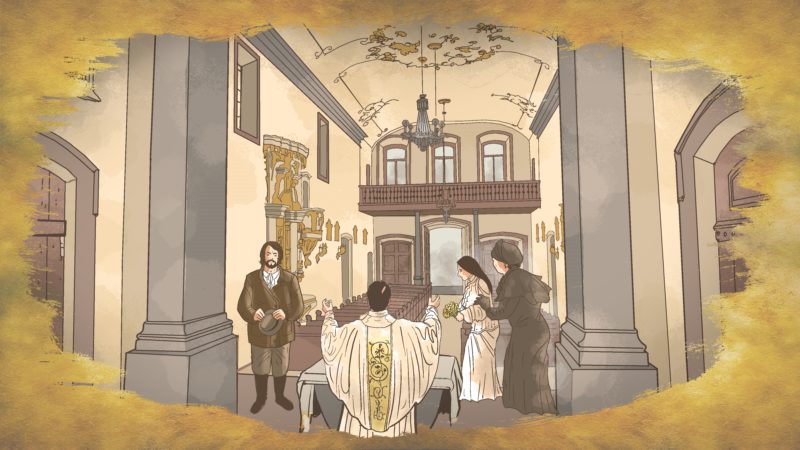 O casamento for&ccedil;ado de Ana Maria de Jesus Ribeiro, aos 14 anos, com Manoel Duarte na Igreja de Laguna, em 1835 – Foto: Ilustra&ccedil;&atilde;o/Ricardo Manhaes/ND