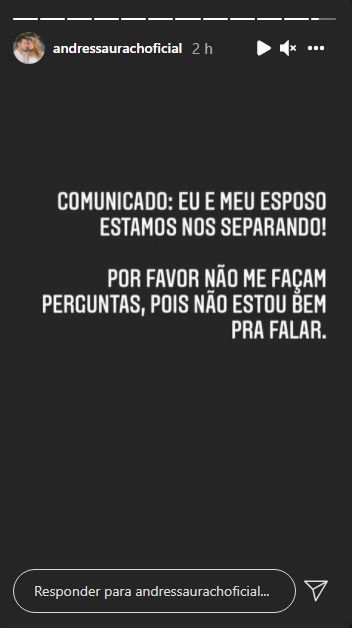 O anúncio sobre o término foi feito por Andressa Urach em sua rede social – Foto: Reprodução/ internet