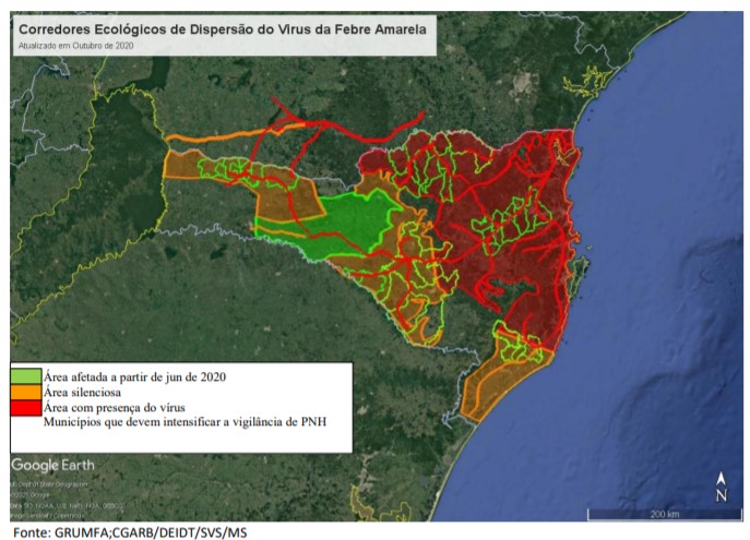 Mapa aponta circulação do vírus da febre amarela nesta temporada &#8211; Foto: Dive/SC/Divulgação/ND