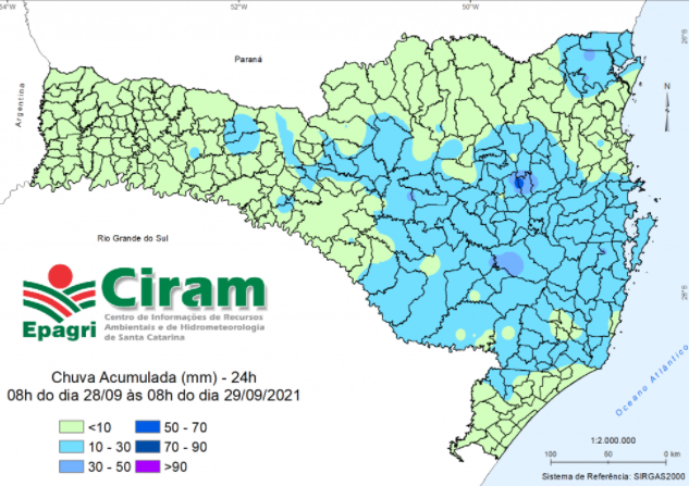 Acumulado das chuvas nas &uacute;ltimas 24 horas em Santa Catarina – Foto: Epagri/Ciram/Divulga&ccedil;&atilde;o/ND