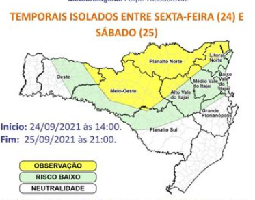 Duas regiões de Santa Catarina estão em observação para a ocorrência de temporais &#8211; Foto: Defesa Civil/Divulgação/ND