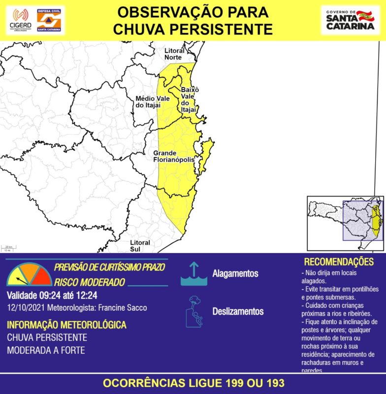 Órgão estadual alerta para fortes chuvas nas próximas três horas em Santa Catarina &#8211; Foto: Defesa Civil/Divulgação/ND